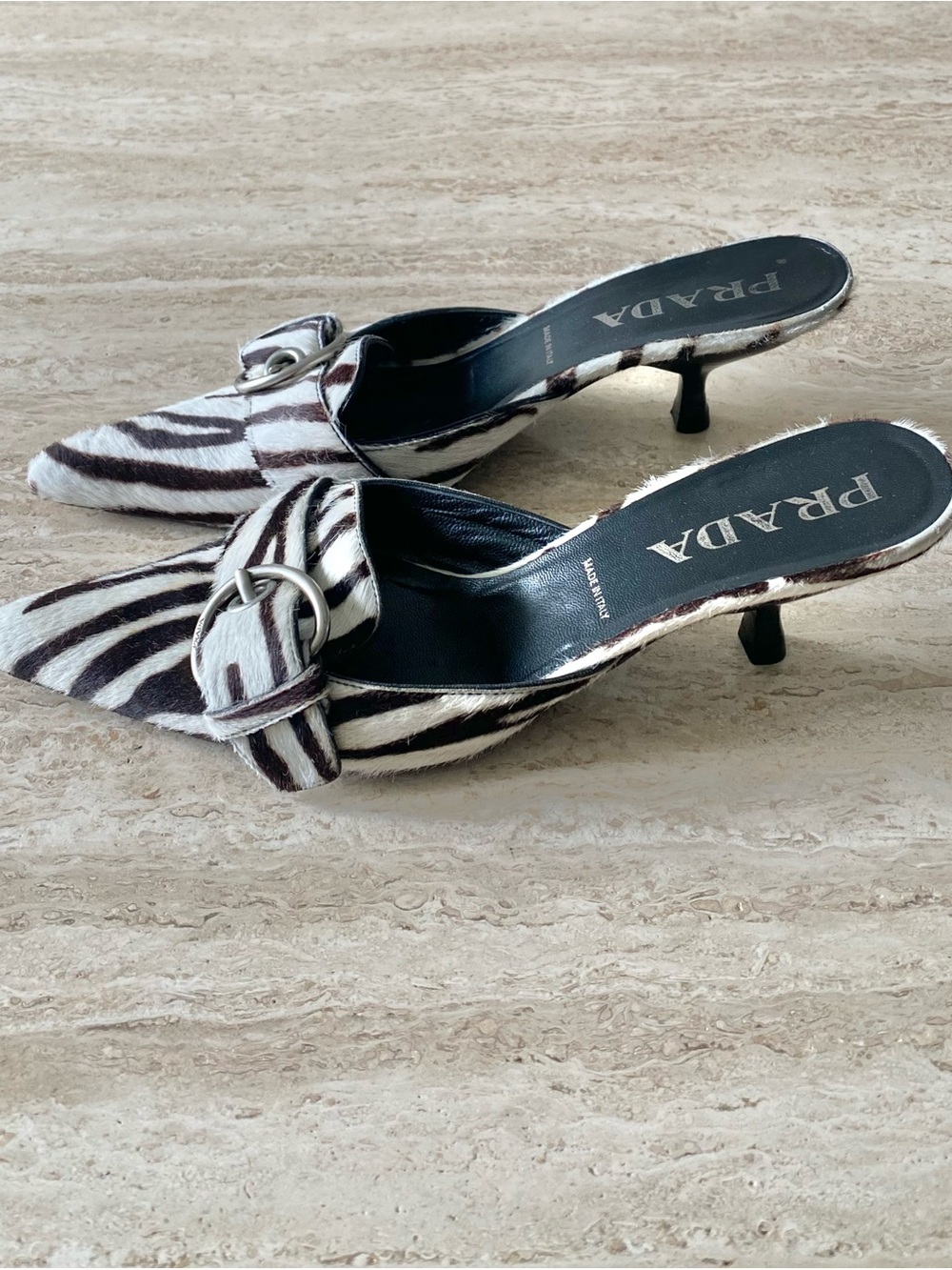 Vintage Prada Zebra Pony Hair Buckle Mule Heels - Picture 5 of 10